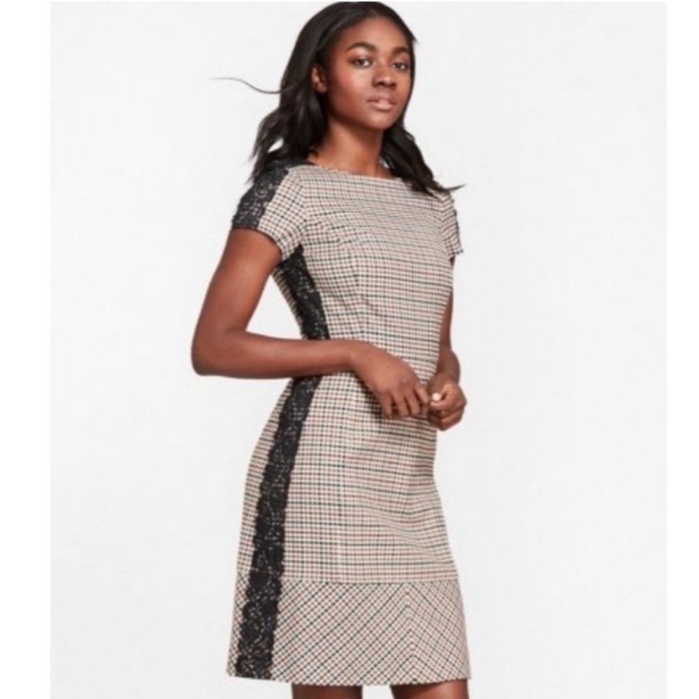 Brooks Brothers Red Fleece Brown Plaid‎ Lace Side Sheath Dress 12 Short Sleeve